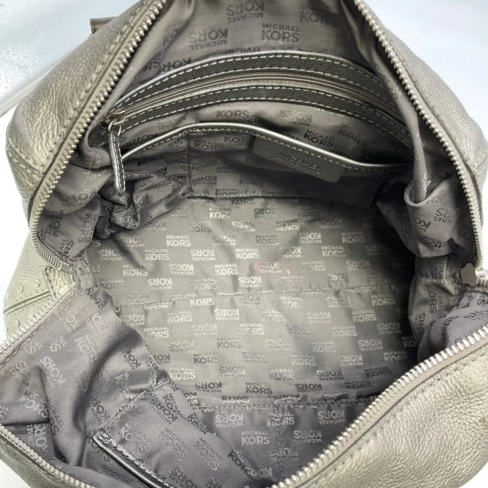 Michael Kors Astor Studded Satchel Bag Pewter Metallic Leather Edgy Grunge Biker